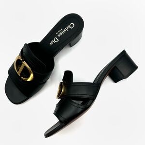 NEW Christian Dior Black Leather 30 CD Logo Montaigne Slide Heels Sandal Shoes